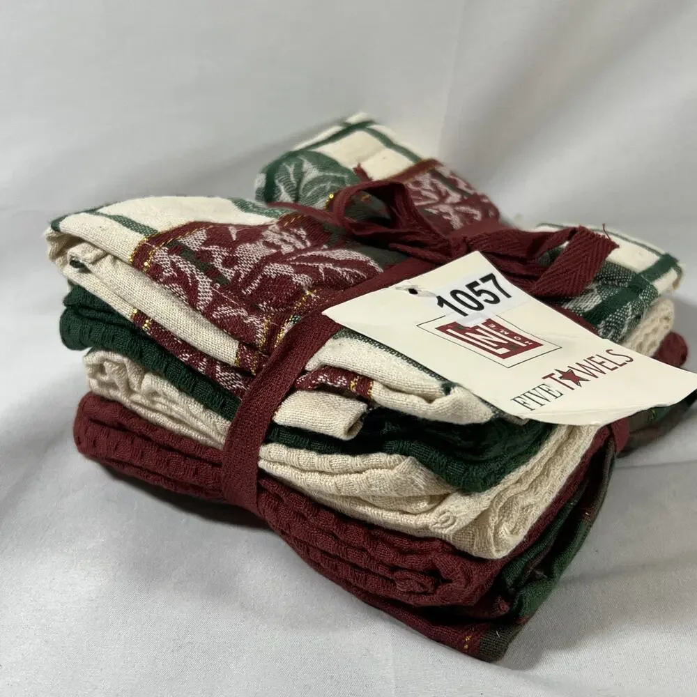 Vintage Set of 5 Cotton Dish Tea Towels Everyday or Christmas Burgundy Hunter